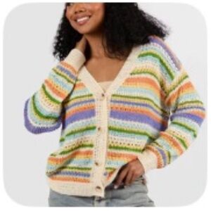 Pink Lily Cardigan Purple Multi Stripe NWOT Small Open Weave Lightweight Poly